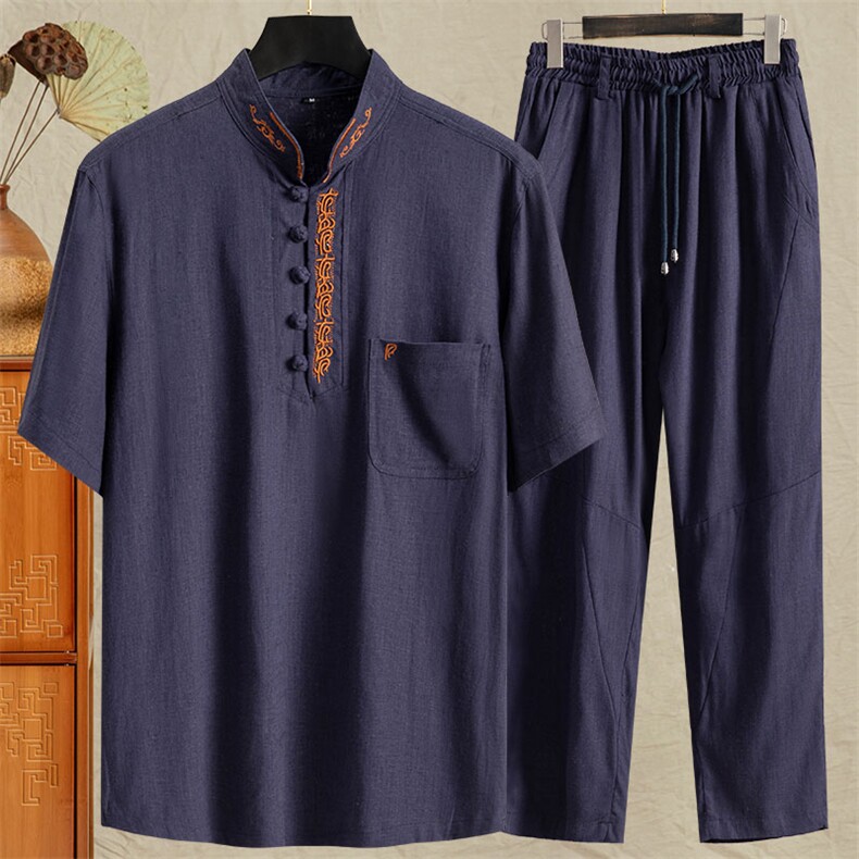 男士唐装中式盘扣短袖衬衫风立体刺绣T恤套装526+1665-P115，男装民族服装，星座1105-3