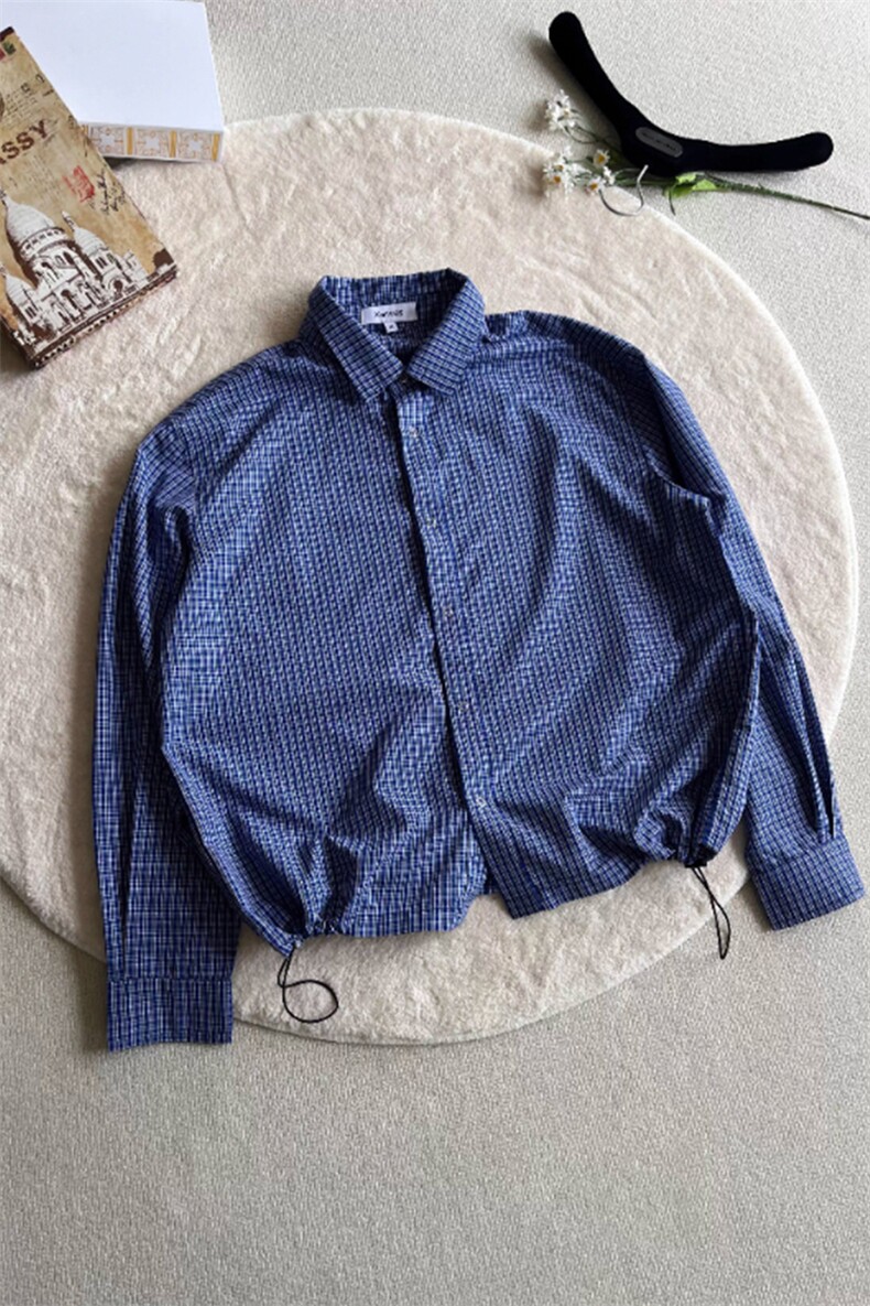 蓝色格纹抽绳长袖衬衫miu系CS5168特P50,男装衬衫,星座908-1