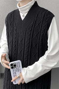 韩系叠穿复古麻花针织衫马甲男学院风早秋穿搭上衣服背心9097P58图片