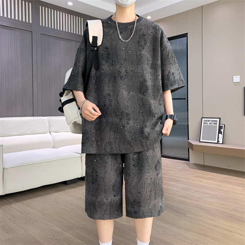 港风套装男扎染满天星圆领宽松休闲短袖T恤短裤套装TZ6630-P55,男装休闲套装,星座310B-3