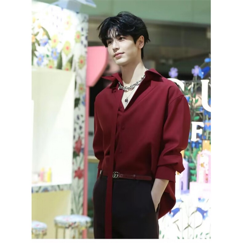 红色衬衫女春秋设计感不规则V领上衣气质时尚高级感醋酸缎面衬衣，男装衬衫，星座506A