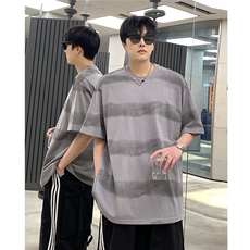 水洗做旧青少年短袖男夏季晕染条纹小领口半袖落肩T恤T702-P28，男装T恤，电商C307A