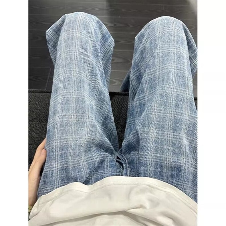 蓝色格子牛仔裤男夏季薄款痞帅抽绳子裤子提档直筒微喇裤KWY28,男装牛仔裤,星座1116A（原606A-3）