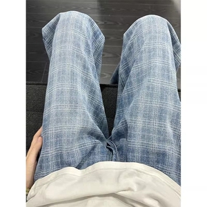 蓝色格子牛仔裤男夏季薄款痞帅抽绳子裤子提档直筒微喇裤 KWY28图片