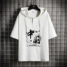 LD54134-P45连帽短袖t恤男大码胖子带帽五分袖中袖网格挂拍，男装T恤，电商A040A