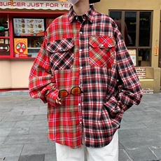 美式潮撞色拼接口袋格子长袖衬衫男宽松潮牌衬衣外套春秋C2218，男装衬衫，星座1116A-1（原606A）