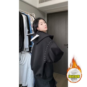 480G重磅加绒硬挺boxy男女美式高街卫衣铆钉杜宾犬耳朵开衫厚外套图片