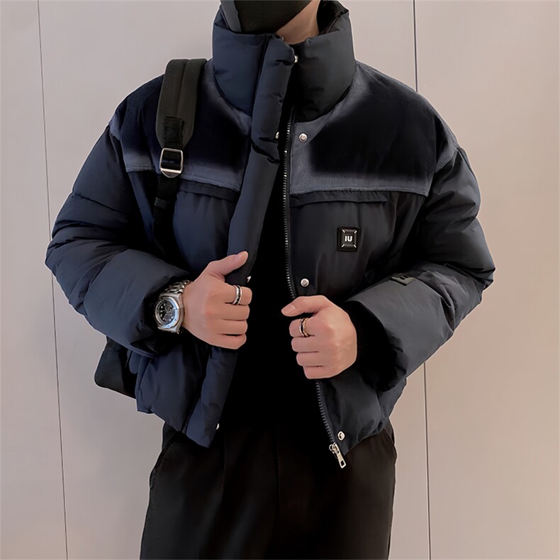 B24/P108控148冬季高级感扎染拼接设计短款立领棉衣男浅蓝首1,男装棉衣,星座305B