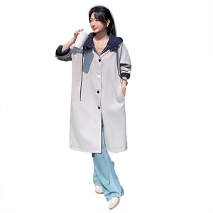 撞色连帽设计感风衣女中长款2025新款春秋高端休闲韩版大衣外套图片
