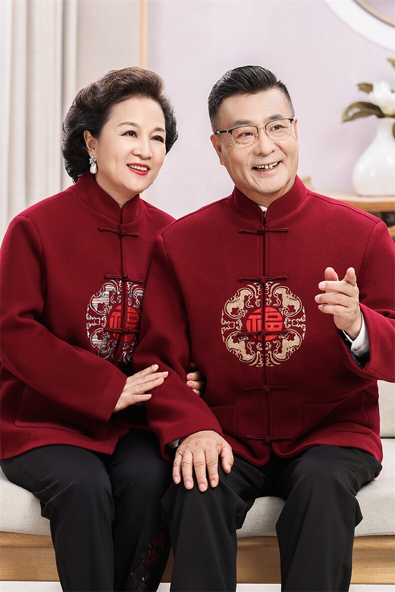 情侣装羊毛呢中老年秋款唐装套装男士风复古新中式双面呢唐装,男装休闲套装,钱塘723
