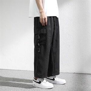 7XL-M夏季新款港风条纹裤子男胖子痞帅宽松直筒裤加大码九分裤图片