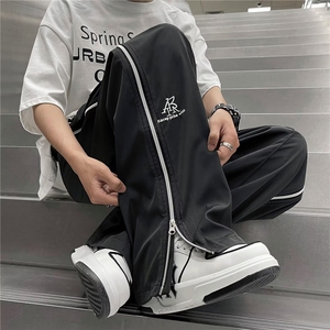 阔腿裤男韩版潮流拉链开衩字母夏季新款ins宽松长裤QK32-P38图片