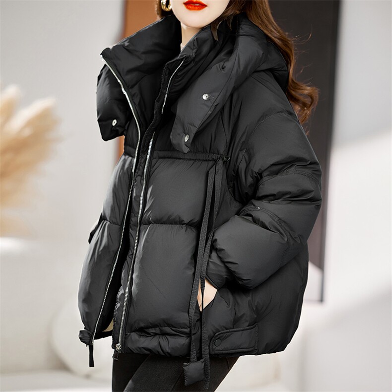 2023冬季新款韩版时尚百搭收腰抽绳加厚连帽羽绒服白鸭绒外套女,女装羽绒服,辉之琳