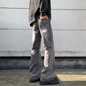 水洗做旧扎染灰色牛仔裤男女微喇宽松休闲直筒垂感长裤 N6021图片