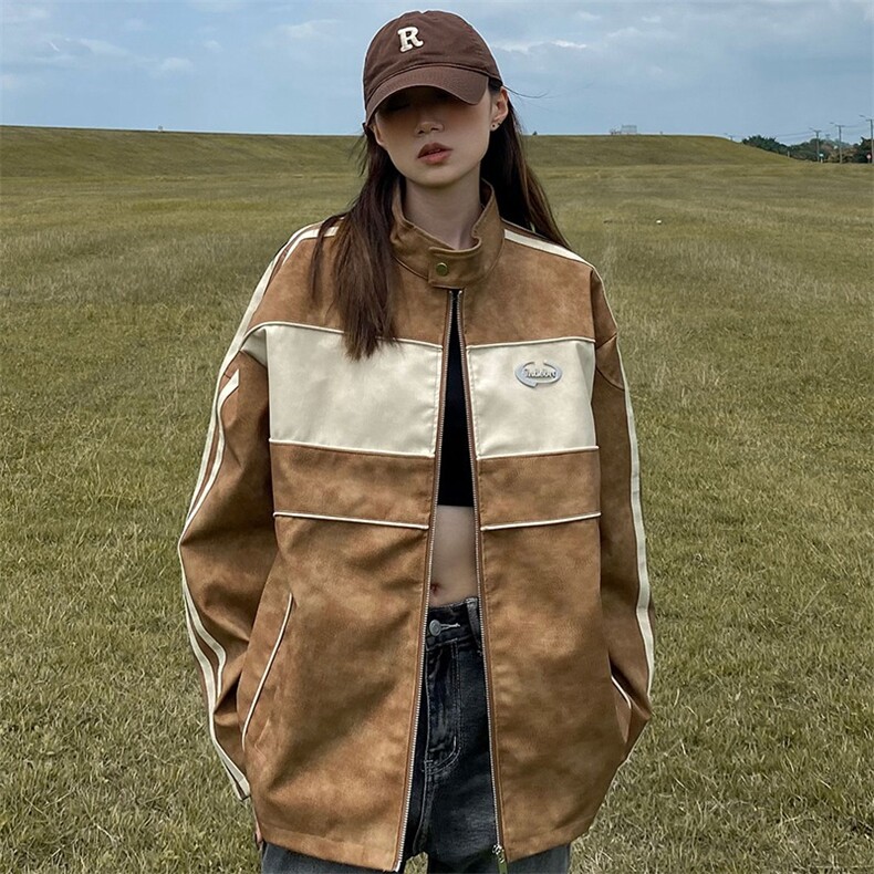 JK8547-P73撞色拼接皮衣外套女春秋季vintage美式夹克高级感,男装夹克,电商B323A