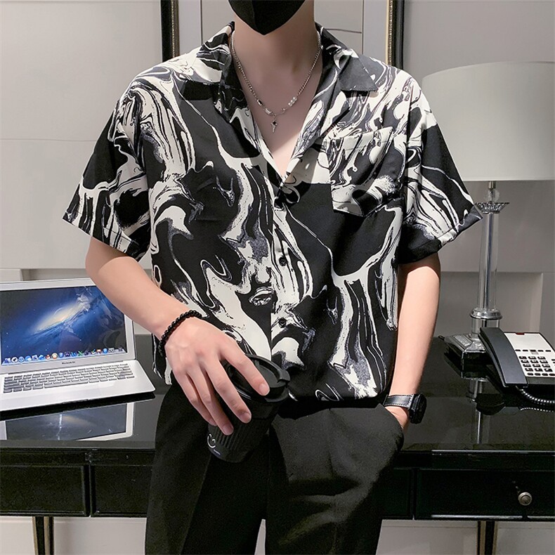 夏季轻熟风小V领印花宽松花衬衫301A-1/CS389/P55,男装衬衫,星座301A-1
