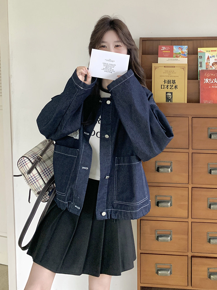 藏青色刺绣牛仔外套女春秋2025新款学院风小个子短款百搭翻领上衣,女装短外套,天使之佳话