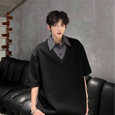 夏季拼接假两件短袖POLO衫男女潮牌宽松情侣休闲百搭T恤，男装T恤，星座715-4