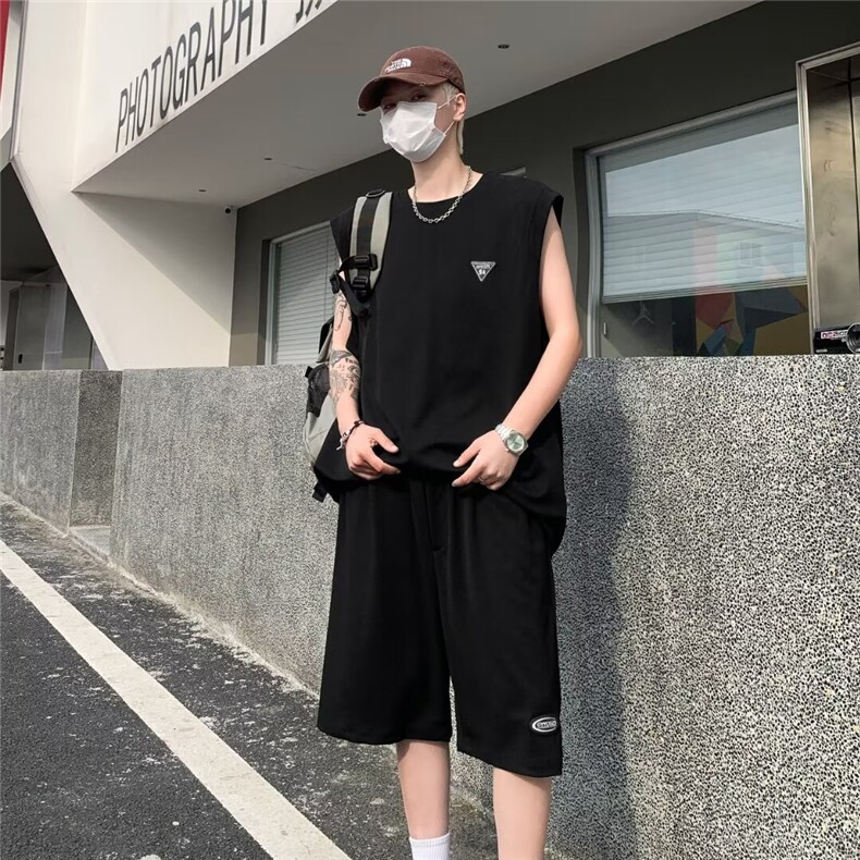 无袖套装男士韩版潮流T恤五分裤痞帅2024夏季ins两件套W5798-P43,男装牛仔裤,星座412-2