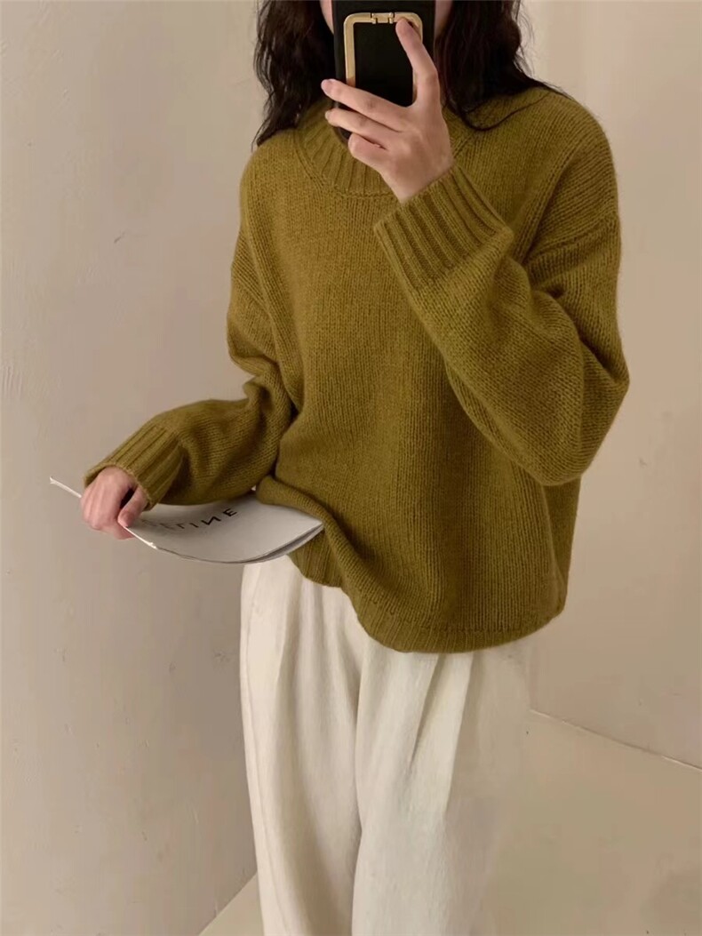 秋冬慵懒风软糯宽松短款小众毛衣韩版加厚圆领针织衫外穿,针织衫/毛衣,半城羊绒