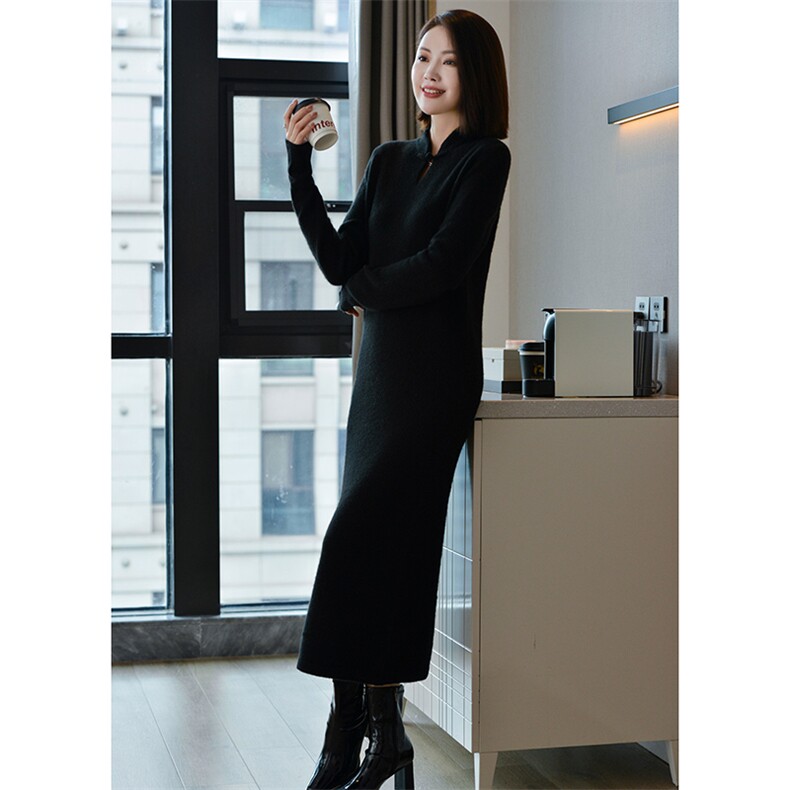 气质秋季新款修身显瘦女士古风盘扣长裙羊毛衫,女装连衣裙,宋氏羊绒