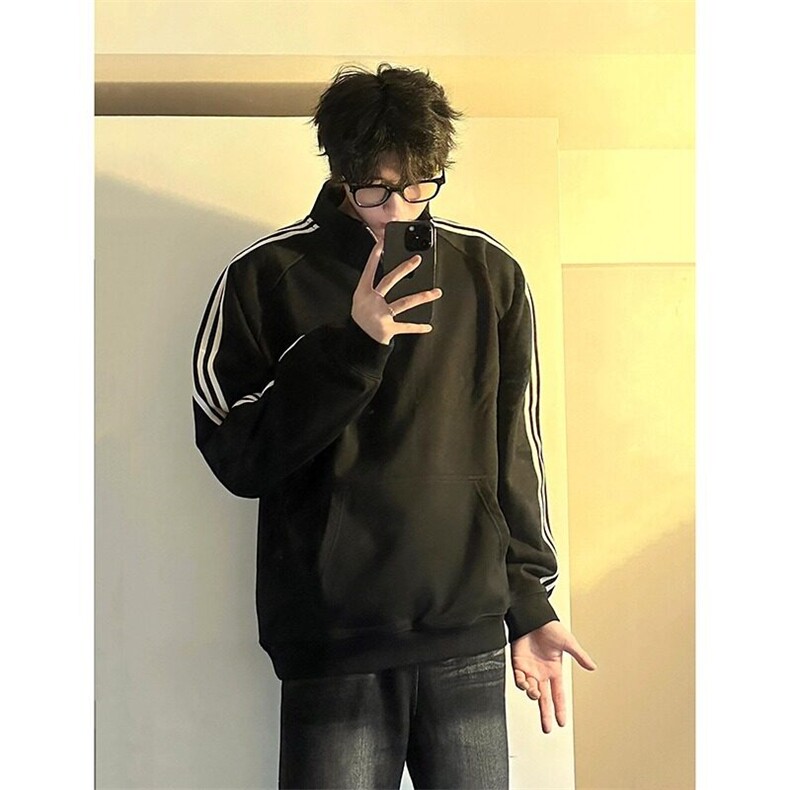 网络图现货秋季潮牌痞帅三条杠休闲半拉链条纹卫衣RE19-P55,男装卫衣,星座1005-4