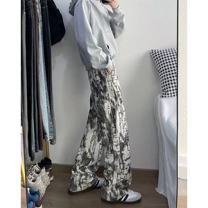 美式vibe扎染裤子男秋冬季加绒保暖宽松阔腿裤潮牌休闲垂感直筒裤图片