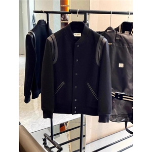 【棉服】DJM600-批68黑色拼皮毛呢夹克男秋季痞帅高级感棒球服图片