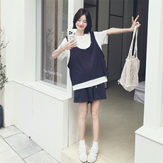 韩系宽松休闲运动套装女2025年夏季新款显瘦假两件T恤短裤两件套，女装套装/套裙，浙宝217