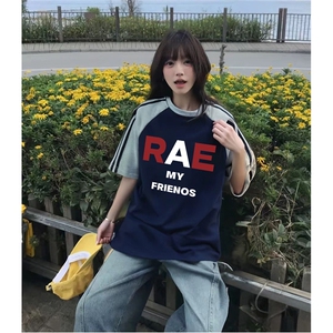 抖音得物品质二开240克宽松纯棉美式潮牌插肩三杠织带短袖T恤图片