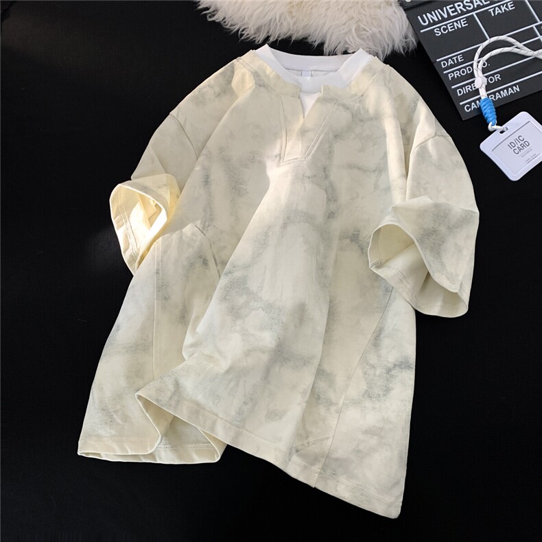 双层亨利领2025新款男士潮牌脏脏布双领短袖T恤半袖BT03-P38控58,男装T恤,星座815A