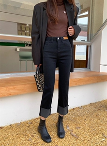 裤脚翻边织绒牛仔裤,女装牛仔裤,简 影