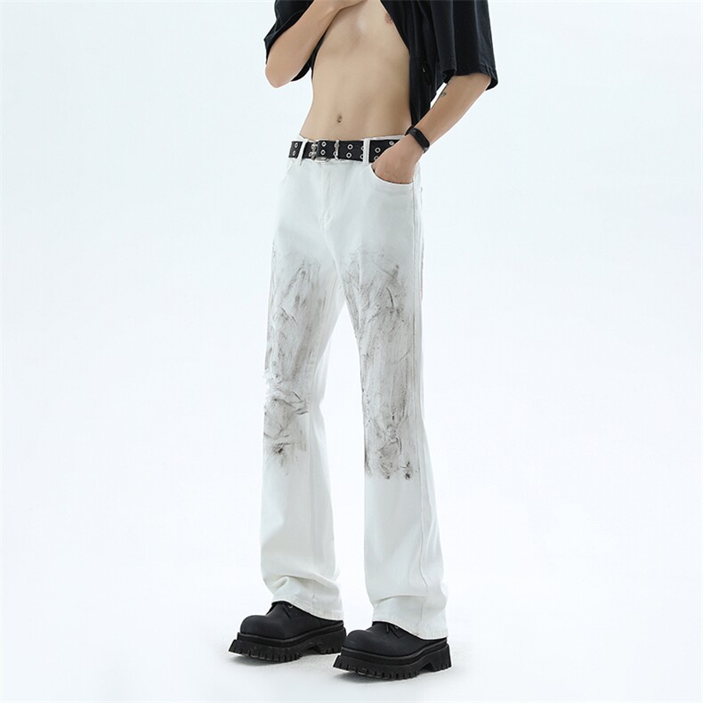 B221美式ins高街暗黑破洞喷墨弹力微喇牛仔裤LK24206-P55控78,男装牛仔裤,电商B221