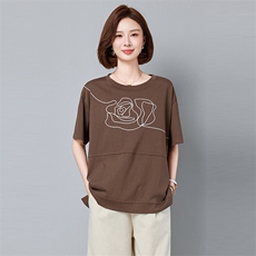2025年夏季夏季薄款短袖针织宽松型圆领常规棉2526款，女装T恤，秋牧寒烟