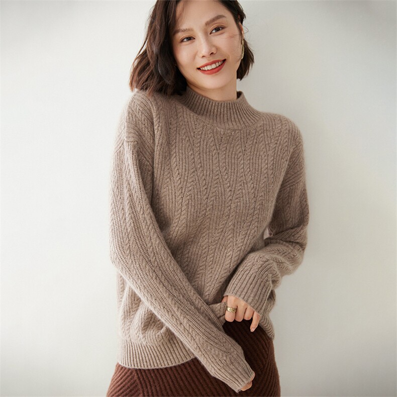 时尚麻花半高领女士羊绒衫显瘦保暖秋冬必备,女装羊绒衫,迎冬羊绒