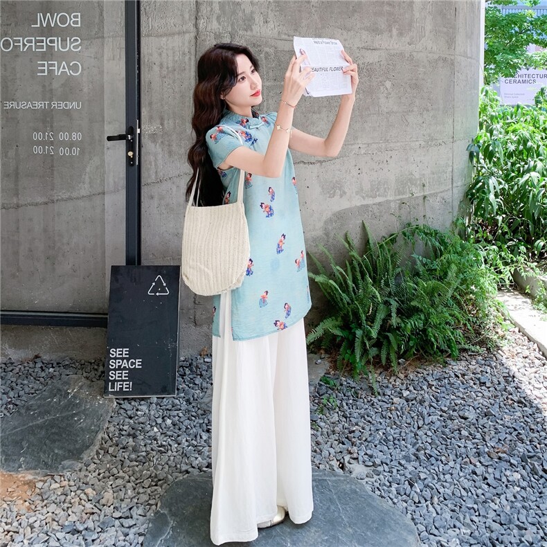 新中式国风套装女2025夏季新款高级感气质提花短袖上衣阔腿裤套装,女装套装/套裙,2B219