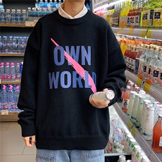 1港风圆领中性情侣潮流大码M-5XL印花加厚毛衣男7672P48加绒P55，男装针织衫/毛衣，星座226-2