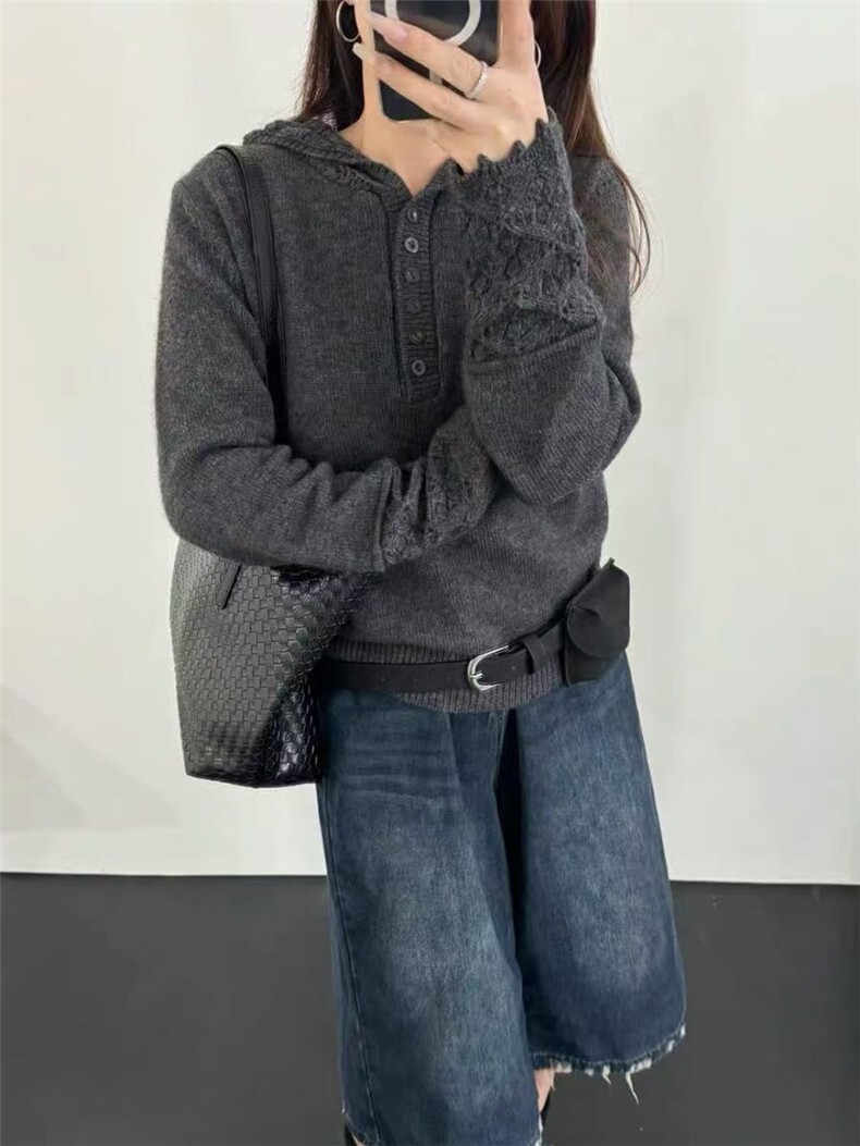 2025年秋季时尚百搭通勤简约休闲镂空帽衫，女装针织衫/毛衣，百纯羊绒