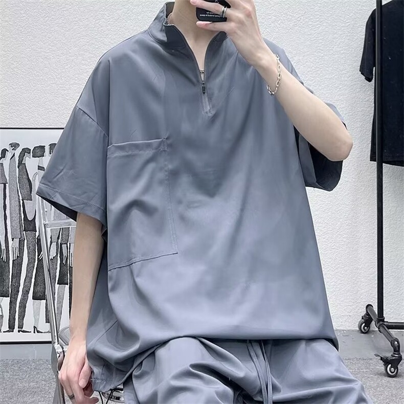 2023港风文艺短袖衬衫男春秋宽松潮流短裤百搭两件套,男装休闲套装,星座716-3