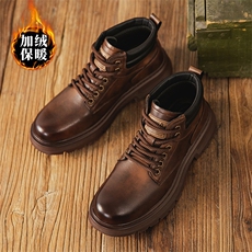马丁靴男士真皮英伦风复古高帮棉靴子秋冬新款增高加绒保暖短靴潮，男鞋马丁靴，电商A223