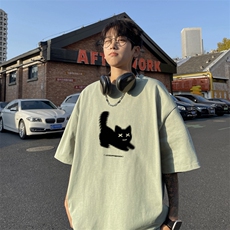 小猫印花圆领卫衣男款春秋季美式潮牌大码休闲上衣青少年重磅外套，男装T恤，电商B371