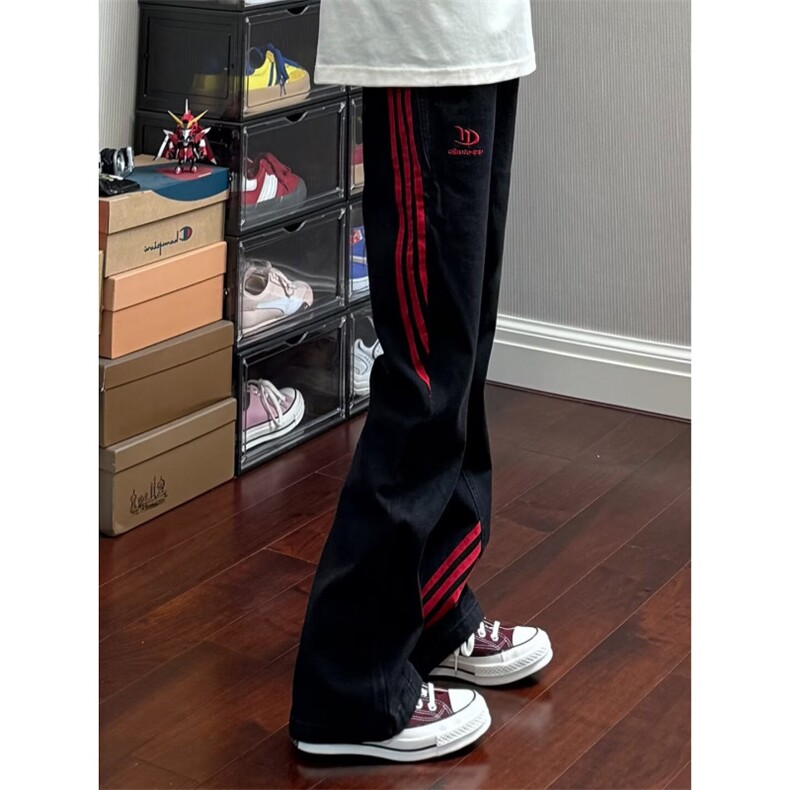 26@斜杠三条纹红黑撞色拼接休闲长裤子直筒牛仔裤K71306-P36网图，男装牛仔裤，电商B245