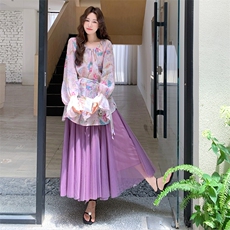 独特漂亮紫色碎花上衣套装裙女2025秋季新款复古网纱半身裙两件套，女装套装/套裙，2C158