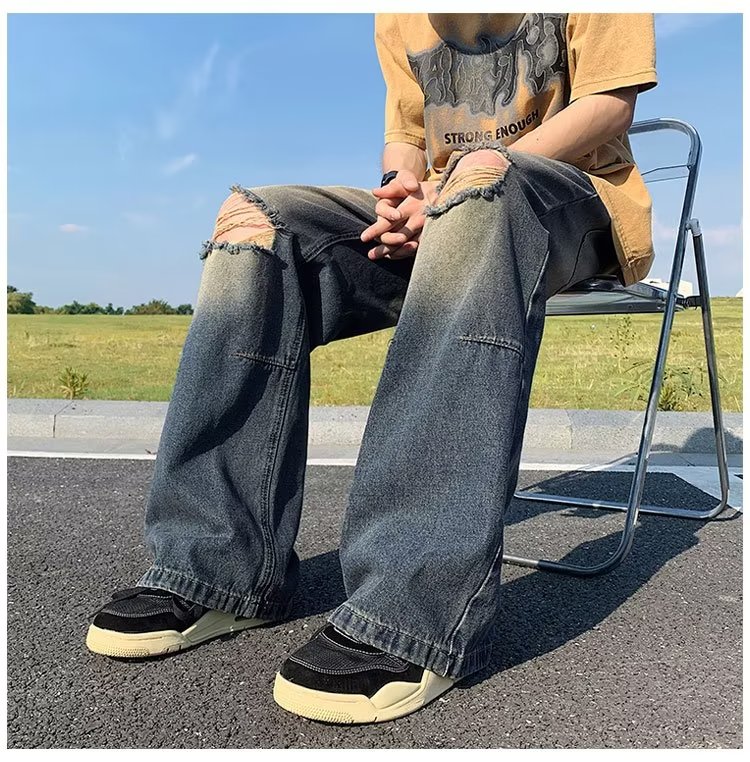 美式高街vibe做旧膝盖破洞牛仔裤男潮流宽百搭裤子NZ633-P45,男装牛仔裤,星座1109-3
