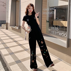 元气减龄卡通刺绣水洗牛仔背带裤女2025年夏季宽松显瘦阔腿连体裤，女装连体裤，2C122