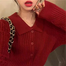 秋冬新款polo领针织长袖开衫时尚休闲百搭，女装针织衫/毛衣，锦瑟羊绒