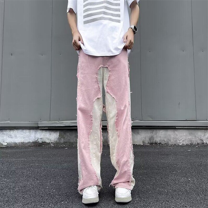 DQ19-P65美式牛仔裤潮牌设计感拼色宽松显瘦阔腿裤直筒拖地裤子,男装牛仔裤,星座603-2