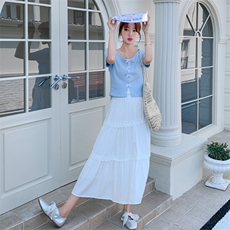 浅蓝色蝴蝶结短袖上衣套装裙女夏季2025年新款一整套半身裙两件套，女装套装/套裙，2D148