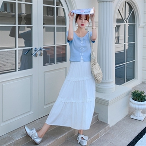 浅蓝色蝴蝶结短袖上衣套装裙女夏季2025年新款一整套半身裙两件套图片