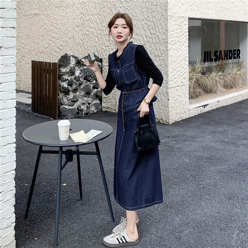 韩版通勤风时髦套装女2025秋季新款复古牛仔马甲上衣半身裙三件套,女装套装/套裙,1D102-1